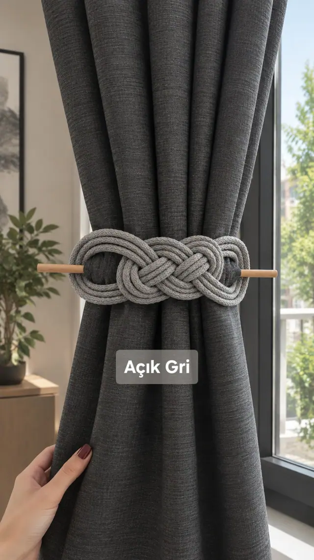 Açık Gri Perde Aksesuarı – El Yapımı Fon Perde Bağı 2'li Set