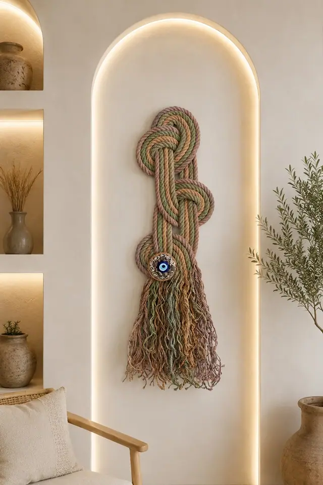 Nazar Duvar Süsü 79 cm – Renkli Jüt İp Salon Duvar Aksesuarı